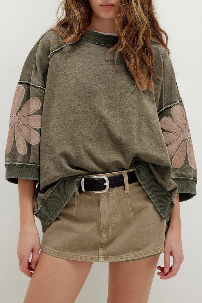 Abigail Mineral Wash Top w/Flower Accent