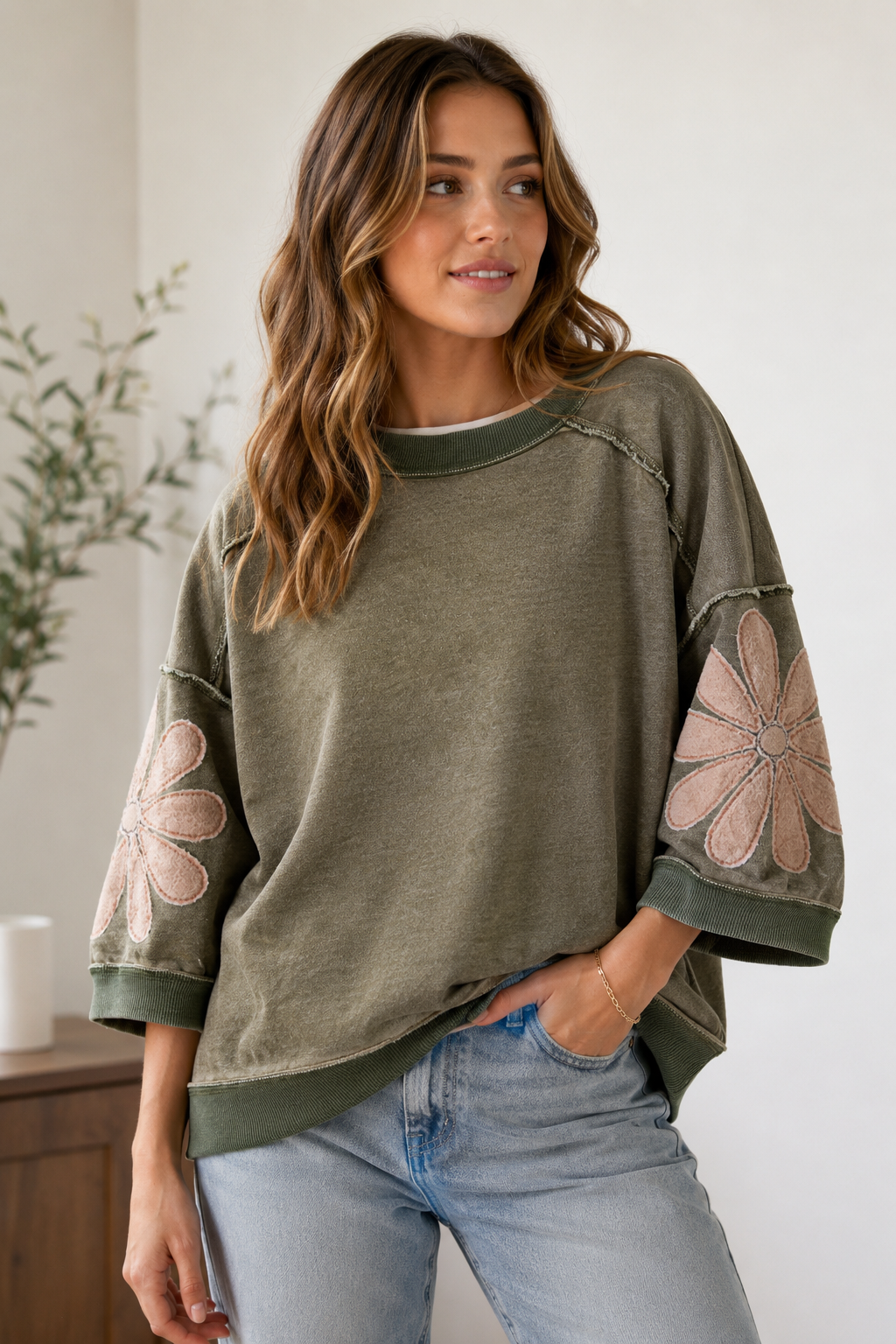 Abigail Mineral Wash Top w/Flower Accent