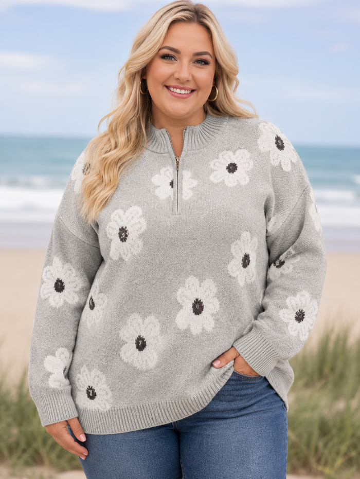 Addison Embroidered Half Zip Sweater in Curvy