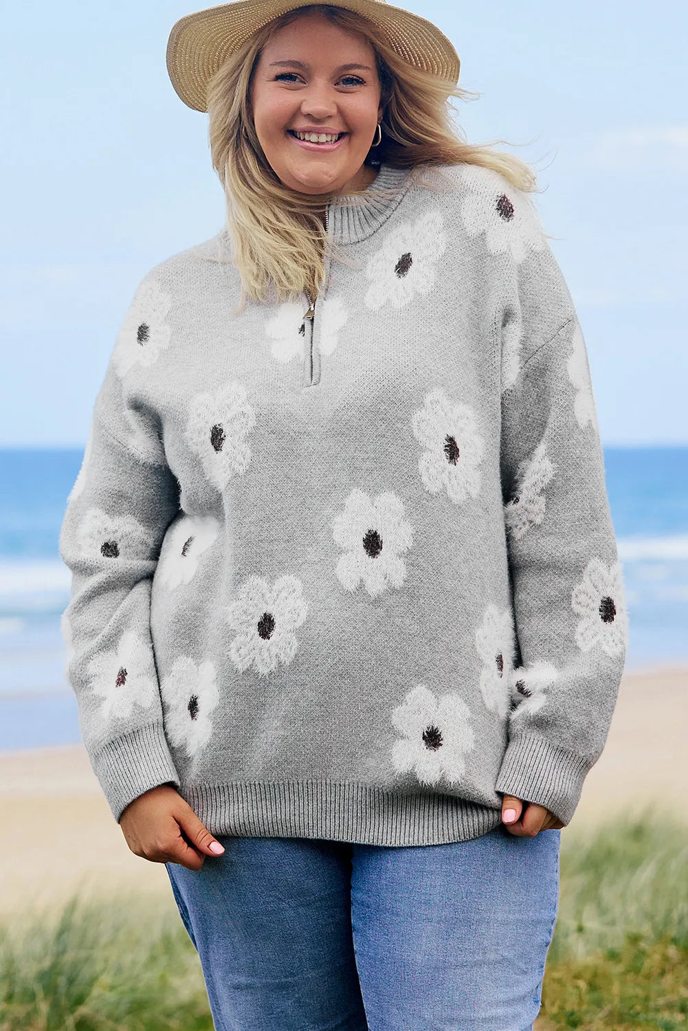 Addison Embroidered Half Zip Sweater in Curvy