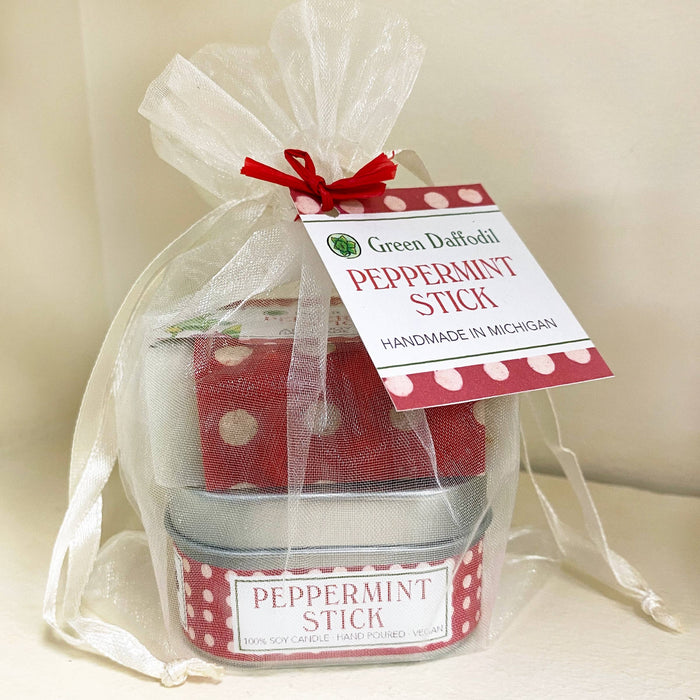 Peppermint Stick Candle & Soap Organdy Gift Set - Christmas