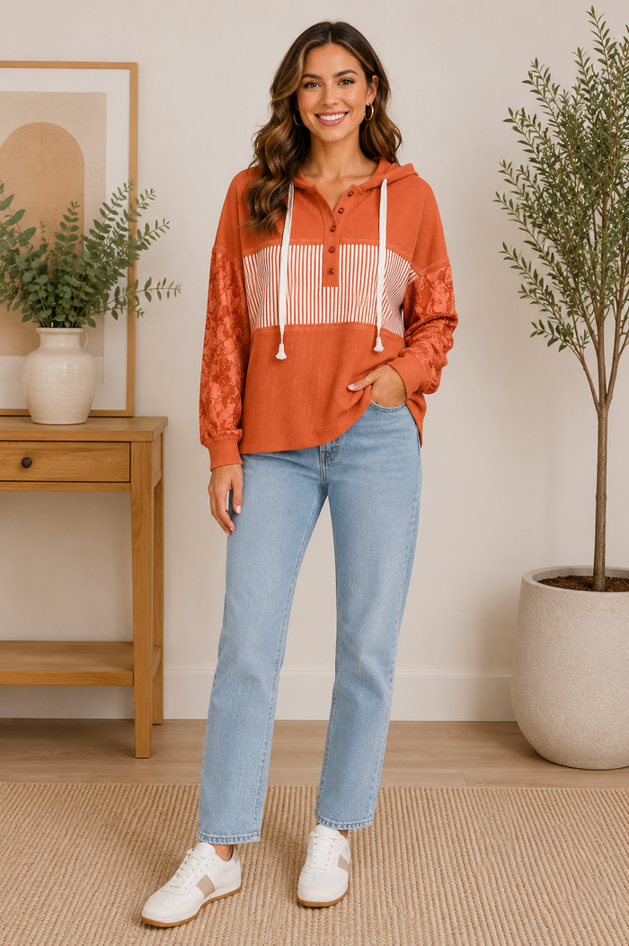 Franklin Waffle Print Drawstring Hoodie