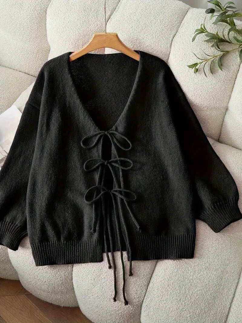 Mazie Sweater Cardigan with Bow Accents in Curvy