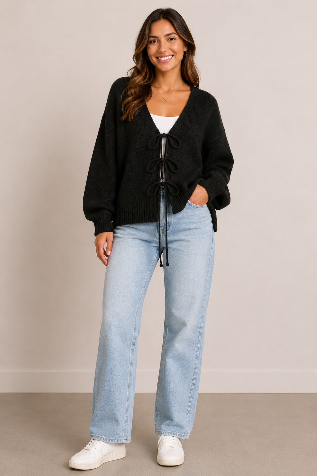Mazie Sweater Cardigan with Bow Accents in Curvy